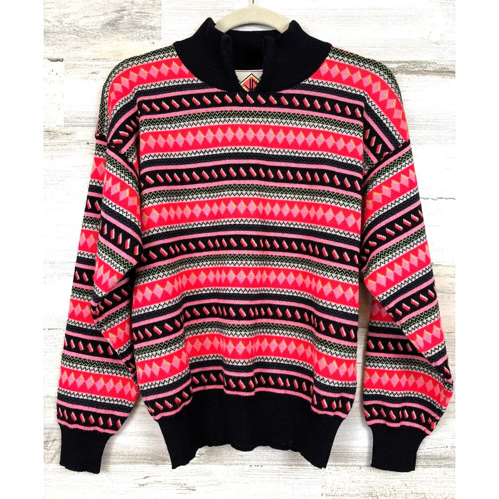 Sun Valley Vintage Y2K Womens M Black Neon Pink Virgin Wool Knit Sweater